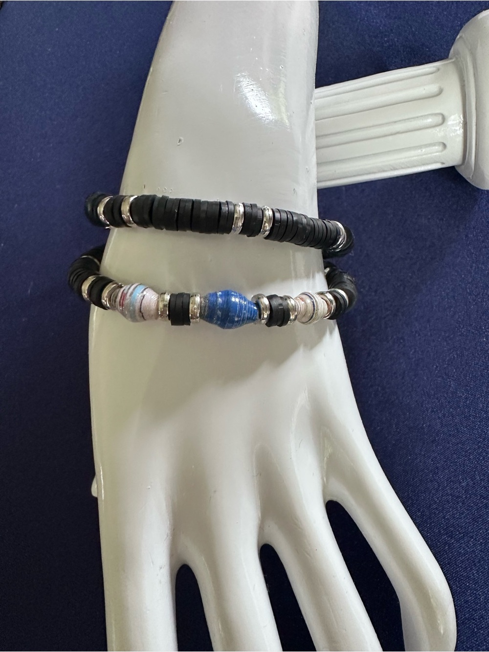 Handmade Black & Multicolor Beaded Stretch Bracelets with silver accents